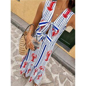 NEW -‎  2pcs Women Summer Sleeveless Bowknot Top & Lobster Print Long Skirt Set